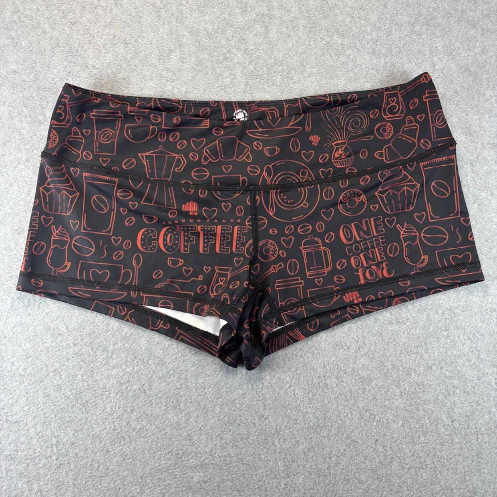 Feed Me Fight Me Shorts Women XL Black Coffee Print Athletic Spandex Gym Booty